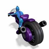 blue female alien on a futuristic bike