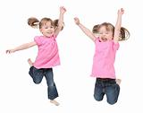 Adorable little girls jumping in air. isolated on white background