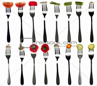 Collage of vegetables in forks