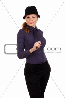 Beautiful young woman holding tie in hand