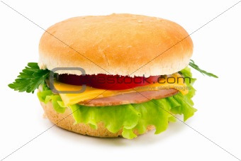 Sandwich with a ham, paprika and cheese isolated on a white background