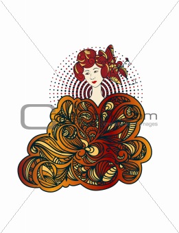 beautiful asian woman with abstract floral ornament around