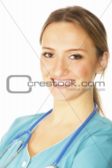 Young female doctor smiling, isolated on a white background