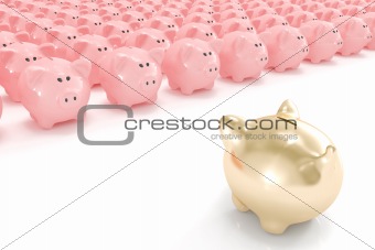 Golden piggy bank facing hundreds of other piggy banks