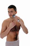Young handsome man shaving in the morning . isolated on white