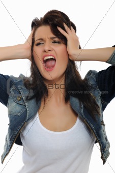 Expressions - Young attractive woman screaming with open mouth .