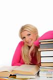 portrait of young student woman with lots of books  studing