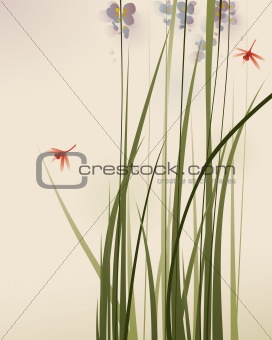 oriental style painting, tall grasses and flowers