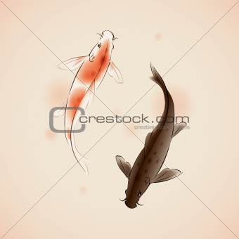 Yin Yang Koi fishes in oriental style painting