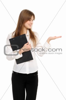  woman with a folder holding hand presenting