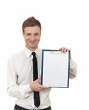 a young man holds a clipboard