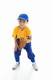 Child baseball softball player crouching with mitt