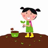 Happy kid is planting small plants on farm