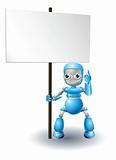 Cute robot character holding sign