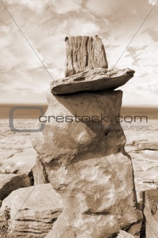  boulders in rocky burren landscape in sepia