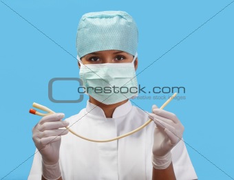 Female nurse with an urinary catheter
