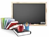 Classroom with Chalkboard Books Pens and Apple