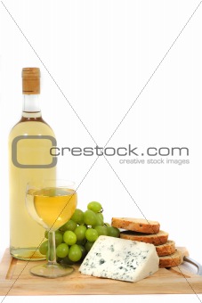 wine, grapes, cheese and bread on the white background
