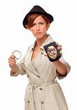 Red Haired Female Detective With Handcuffs and Badge In Trenchcoat Isolated on a White Background.