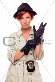 Red Haired Female Detective Putting on Gloves Wearing a Badge, Trenchcoat and Hat Isolated on a White Background.