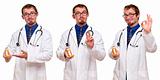 Triple Set of the Same Male Doctor with Prescription Bottle Isolated on a White Background.
