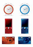 Clock, mobile and camera vector illustrations