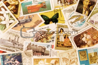 The background of the postal stamps set. In the orange tones.