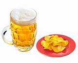 Potato chips on plate and mug of beer isolated on white