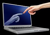 woman hand touching laptop monitor over black background