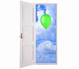 Open door in blue sky and green air balloon