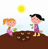 Two happy kids watering and planting plants in the garden