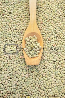 Wooden spoon and dried green lentils
