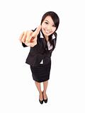 smiling business woman touching the screen with her finger