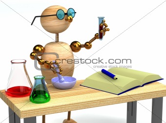 3d wood man as chemist holding tube