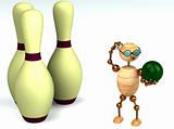 3d wood man is playing bowling