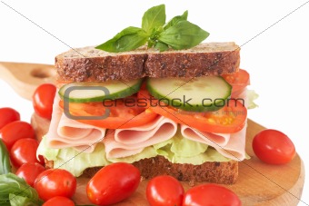 Tasty ham, tomato and cucumber sandwich