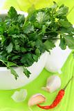 green parsley in a mortar with garlic and pepper