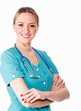 Smiling medical doctor woman with stethoscope.
