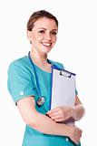 Smiling pretty female doctor holding a clipboard
