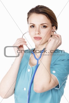 Medical doctor woman in uniform with stethoscope isolated on whi