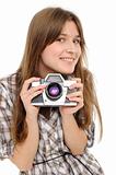 woman taking photo with vintage camera