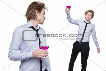 Young man drink pink wine