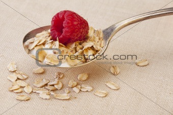 spoon of cereal with raspberry