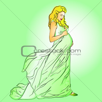The beautiful pregnant woman in a long dress