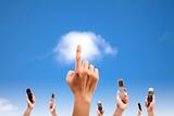 Hand touch the cloud and holding mobile phone. cloud computing and smart phone concept