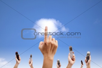 Hand touch the cloud and holding mobile phone. cloud computing and smart phone concept