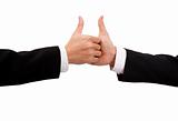Closeup of a business hand shake and thumb up