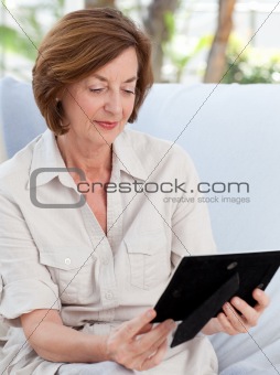 Woman looking at her photo 