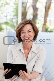 Woman looking at her photo 