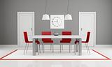 gray and red dining room